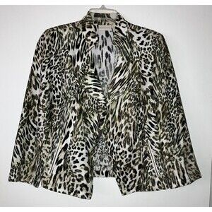 Chico's Linen Jacket Open Cardigan Size 1 Leopard Zip Pockets Animal Print Wild